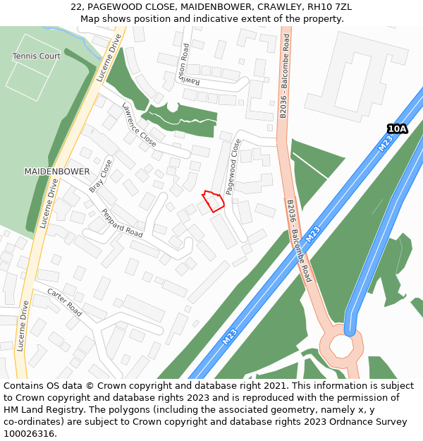 22, PAGEWOOD CLOSE, MAIDENBOWER, CRAWLEY, RH10 7ZL: Location map and indicative extent of plot