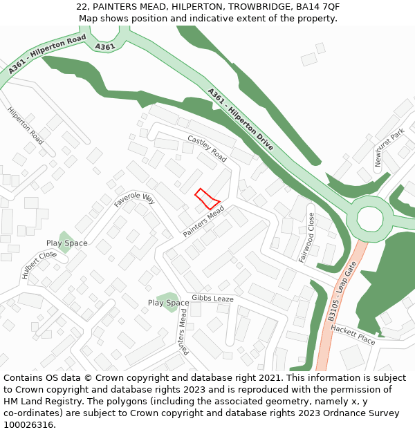 22, PAINTERS MEAD, HILPERTON, TROWBRIDGE, BA14 7QF: Location map and indicative extent of plot