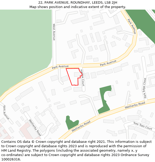 22, PARK AVENUE, ROUNDHAY, LEEDS, LS8 2JH: Location map and indicative extent of plot