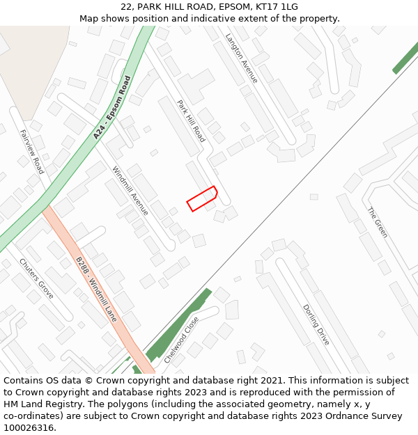 22, PARK HILL ROAD, EPSOM, KT17 1LG: Location map and indicative extent of plot