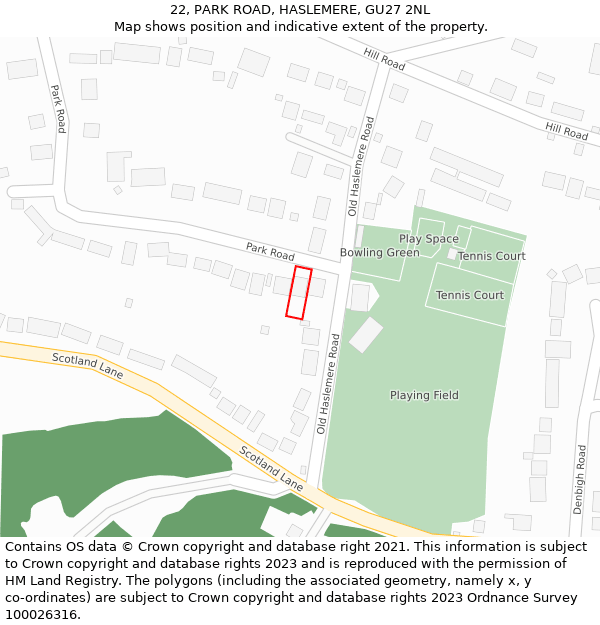 22, PARK ROAD, HASLEMERE, GU27 2NL: Location map and indicative extent of plot