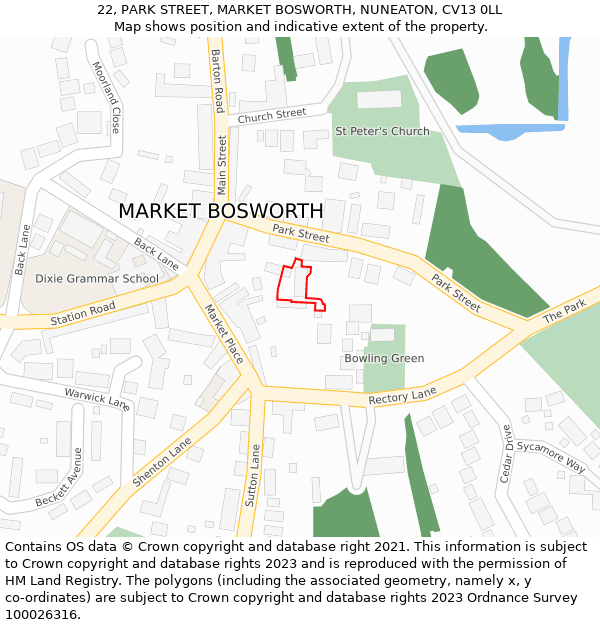 22, PARK STREET, MARKET BOSWORTH, NUNEATON, CV13 0LL: Location map and indicative extent of plot