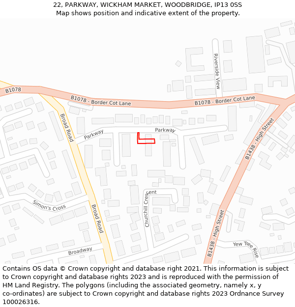 22, PARKWAY, WICKHAM MARKET, WOODBRIDGE, IP13 0SS: Location map and indicative extent of plot