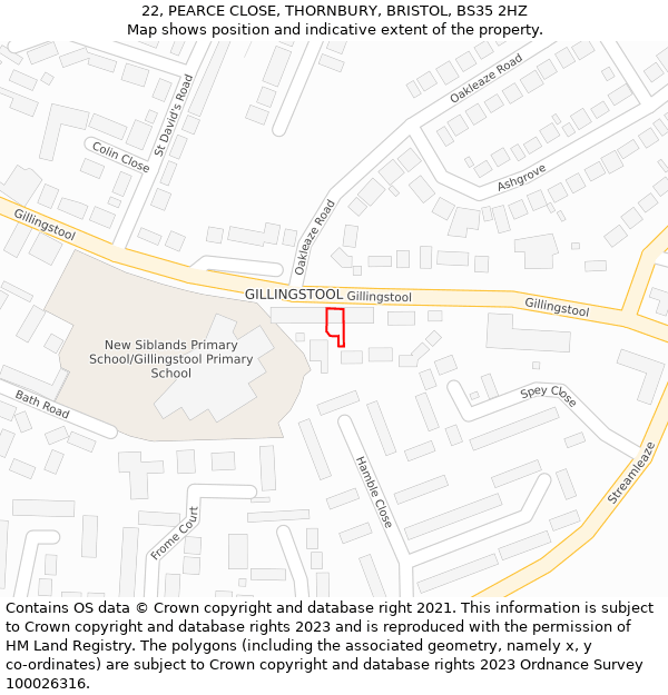 22, PEARCE CLOSE, THORNBURY, BRISTOL, BS35 2HZ: Location map and indicative extent of plot