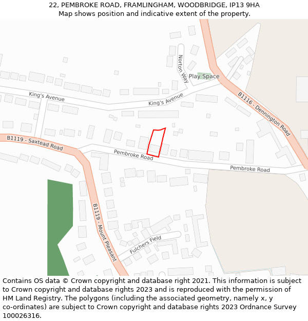 22, PEMBROKE ROAD, FRAMLINGHAM, WOODBRIDGE, IP13 9HA: Location map and indicative extent of plot