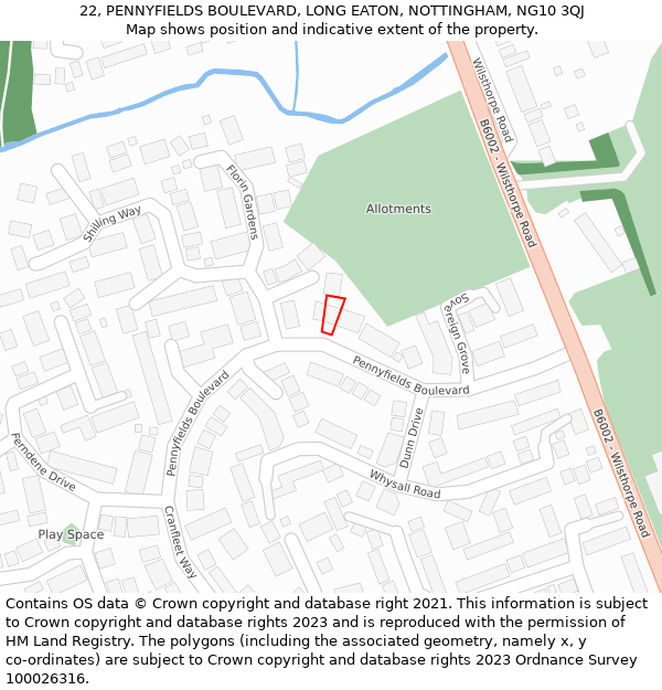 22, PENNYFIELDS BOULEVARD, LONG EATON, NOTTINGHAM, NG10 3QJ: Location map and indicative extent of plot