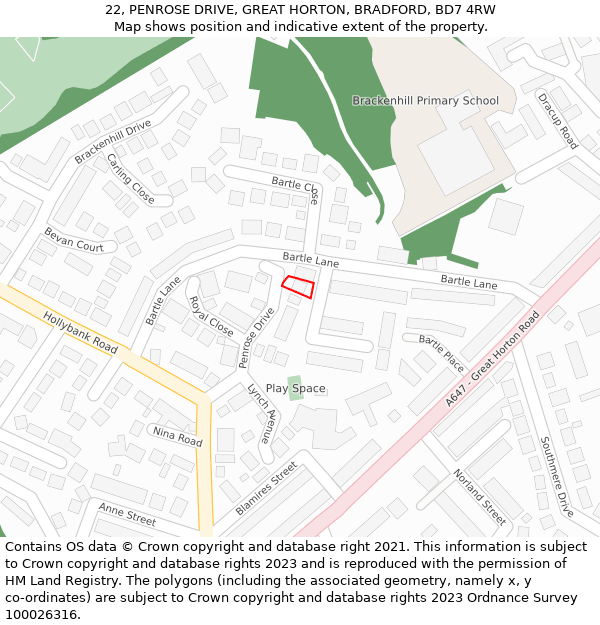 22, PENROSE DRIVE, GREAT HORTON, BRADFORD, BD7 4RW: Location map and indicative extent of plot