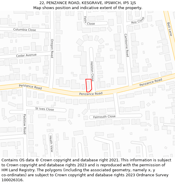 22, PENZANCE ROAD, KESGRAVE, IPSWICH, IP5 1JS: Location map and indicative extent of plot