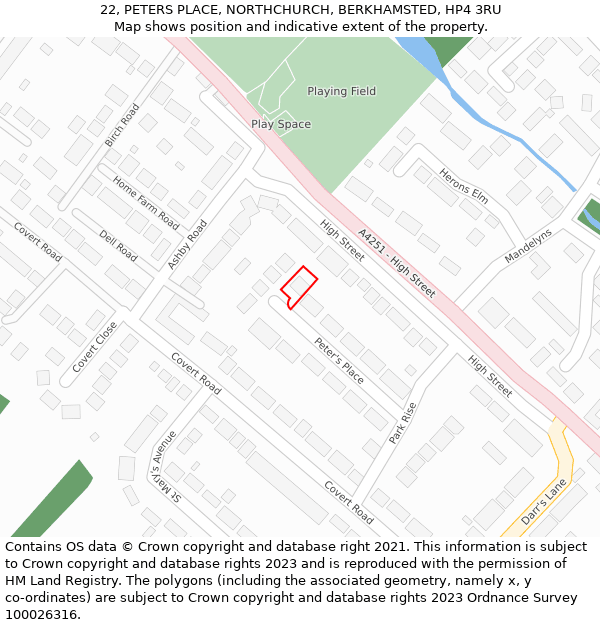 22, PETERS PLACE, NORTHCHURCH, BERKHAMSTED, HP4 3RU: Location map and indicative extent of plot