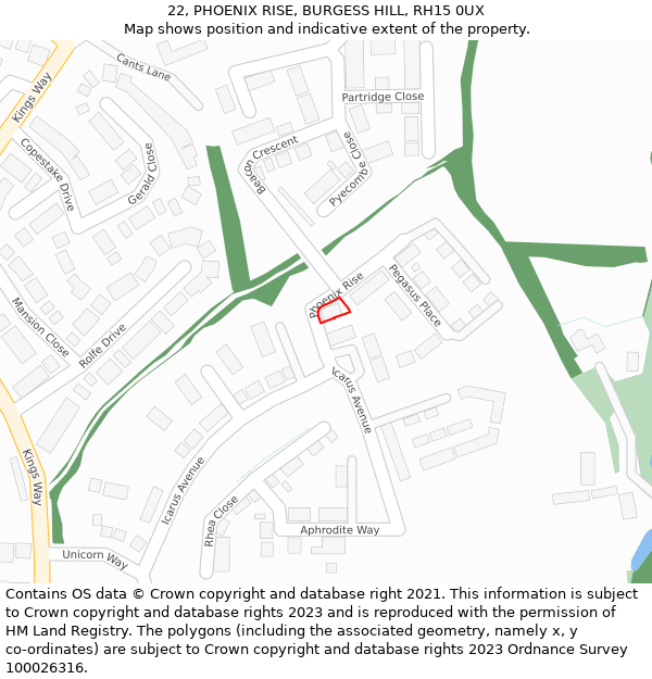 22, PHOENIX RISE, BURGESS HILL, RH15 0UX: Location map and indicative extent of plot