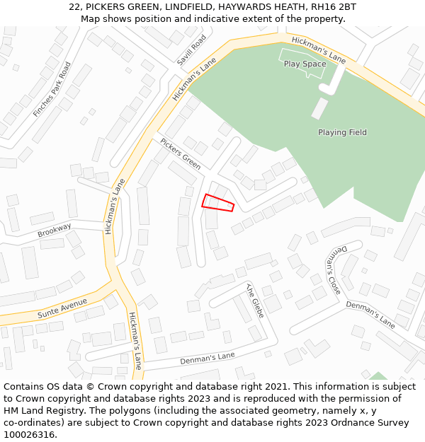 22, PICKERS GREEN, LINDFIELD, HAYWARDS HEATH, RH16 2BT: Location map and indicative extent of plot