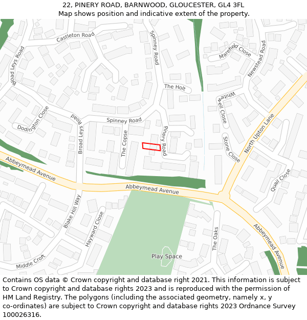 22, PINERY ROAD, BARNWOOD, GLOUCESTER, GL4 3FL: Location map and indicative extent of plot