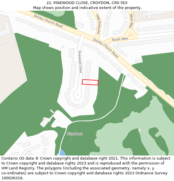 22, PINEWOOD CLOSE, CROYDON, CR0 5EX: Location map and indicative extent of plot