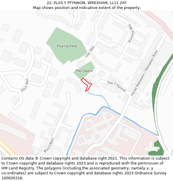 22, PLAS Y FFYNNON, WREXHAM, LL11 2AY: Location map and indicative extent of plot