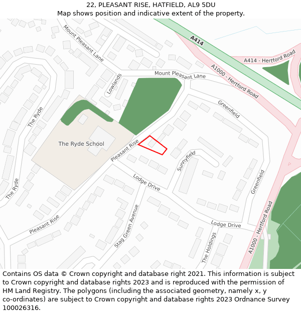 22, PLEASANT RISE, HATFIELD, AL9 5DU: Location map and indicative extent of plot