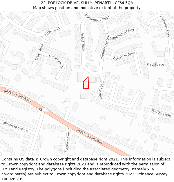 22, PORLOCK DRIVE, SULLY, PENARTH, CF64 5QA: Location map and indicative extent of plot