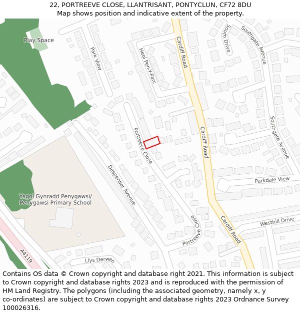 22, PORTREEVE CLOSE, LLANTRISANT, PONTYCLUN, CF72 8DU: Location map and indicative extent of plot