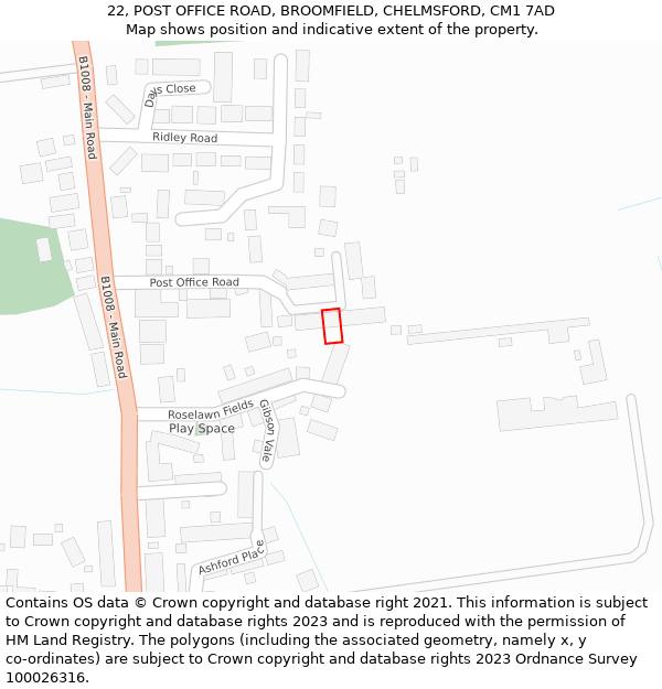 22, POST OFFICE ROAD, BROOMFIELD, CHELMSFORD, CM1 7AD: Location map and indicative extent of plot