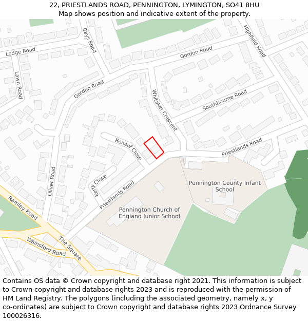 22, PRIESTLANDS ROAD, PENNINGTON, LYMINGTON, SO41 8HU: Location map and indicative extent of plot