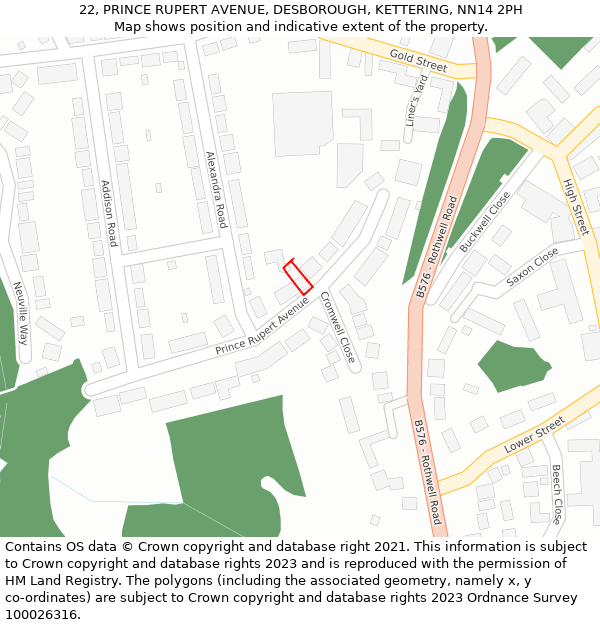 22, PRINCE RUPERT AVENUE, DESBOROUGH, KETTERING, NN14 2PH: Location map and indicative extent of plot