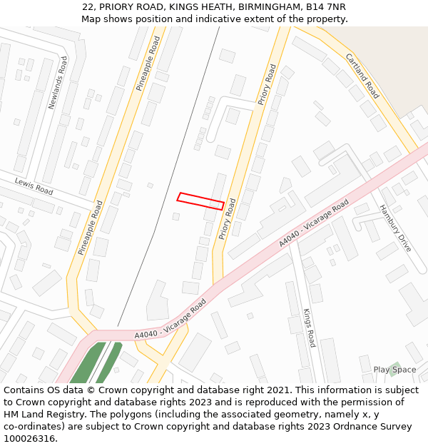 22, PRIORY ROAD, KINGS HEATH, BIRMINGHAM, B14 7NR: Location map and indicative extent of plot