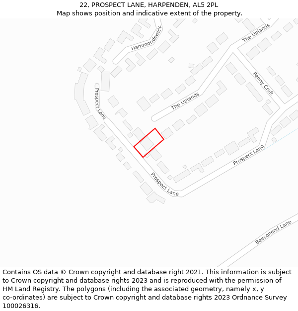 22, PROSPECT LANE, HARPENDEN, AL5 2PL: Location map and indicative extent of plot