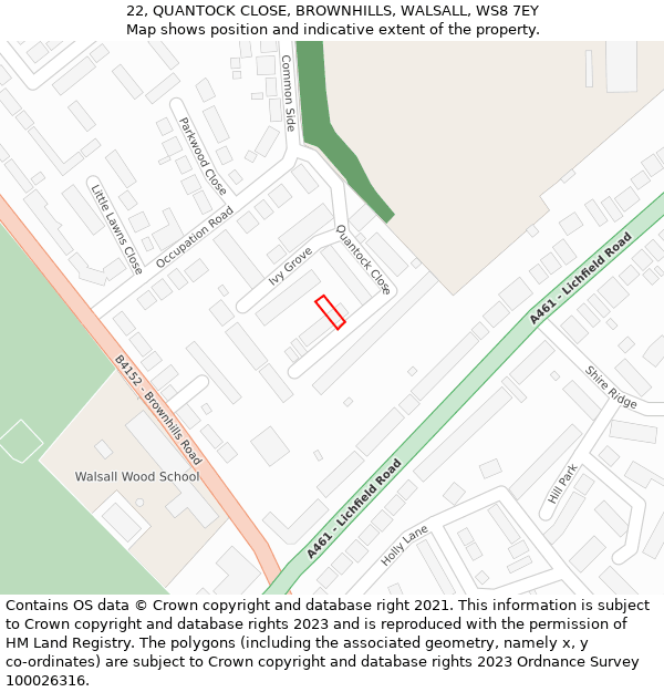 22, QUANTOCK CLOSE, BROWNHILLS, WALSALL, WS8 7EY: Location map and indicative extent of plot