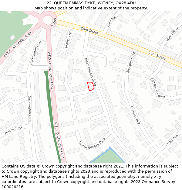 22, QUEEN EMMAS DYKE, WITNEY, OX28 4DU: Location map and indicative extent of plot