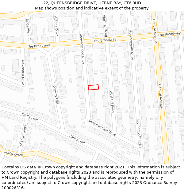 22, QUEENSBRIDGE DRIVE, HERNE BAY, CT6 8HD: Location map and indicative extent of plot