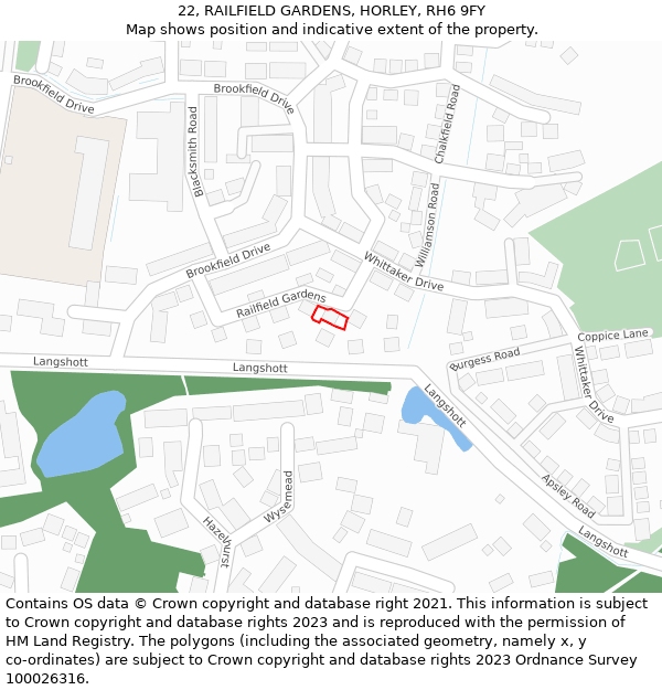 22, RAILFIELD GARDENS, HORLEY, RH6 9FY: Location map and indicative extent of plot