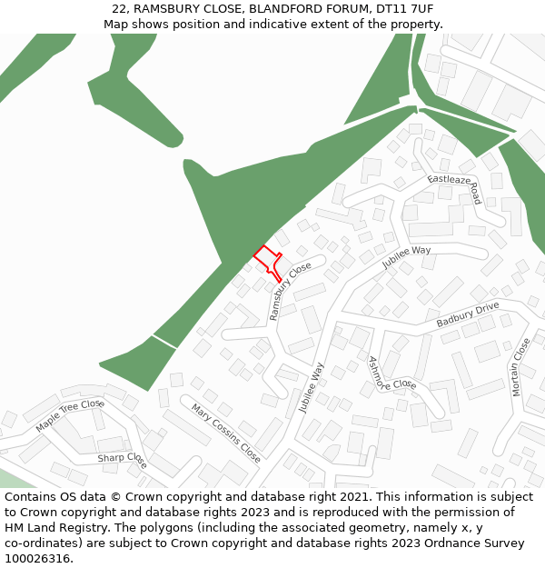 22, RAMSBURY CLOSE, BLANDFORD FORUM, DT11 7UF: Location map and indicative extent of plot