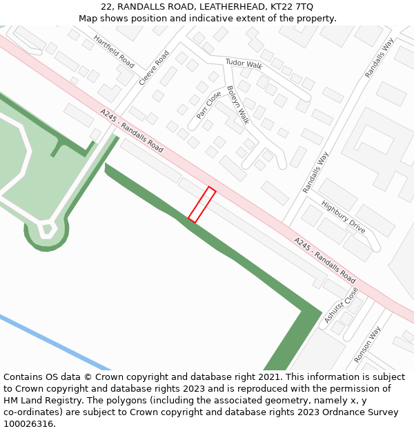 22, RANDALLS ROAD, LEATHERHEAD, KT22 7TQ: Location map and indicative extent of plot