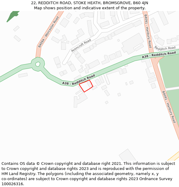 22, REDDITCH ROAD, STOKE HEATH, BROMSGROVE, B60 4JN: Location map and indicative extent of plot