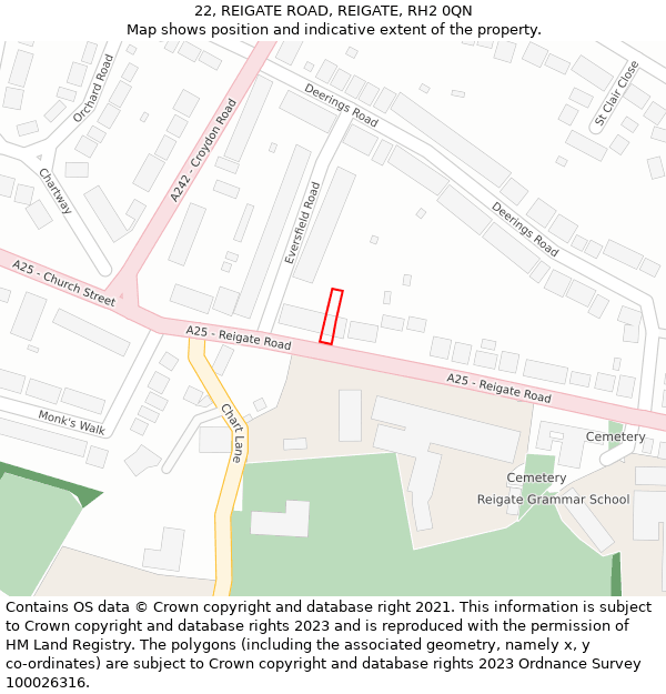 22, REIGATE ROAD, REIGATE, RH2 0QN: Location map and indicative extent of plot