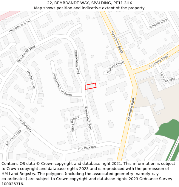 22, REMBRANDT WAY, SPALDING, PE11 3HX: Location map and indicative extent of plot