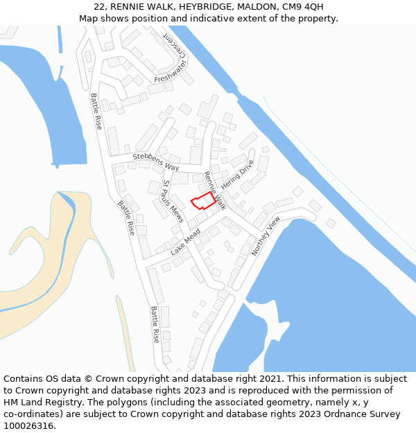 22, RENNIE WALK, HEYBRIDGE, MALDON, CM9 4QH: Location map and indicative extent of plot