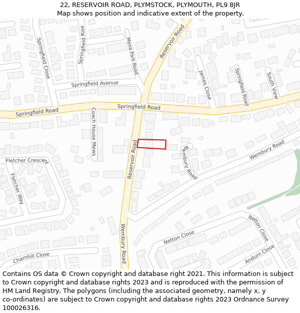 22, RESERVOIR ROAD, PLYMSTOCK, PLYMOUTH, PL9 8JR: Location map and indicative extent of plot