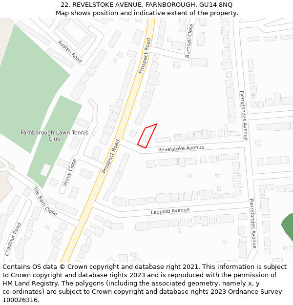 22, REVELSTOKE AVENUE, FARNBOROUGH, GU14 8NQ: Location map and indicative extent of plot