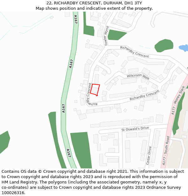 22, RICHARDBY CRESCENT, DURHAM, DH1 3TY: Location map and indicative extent of plot