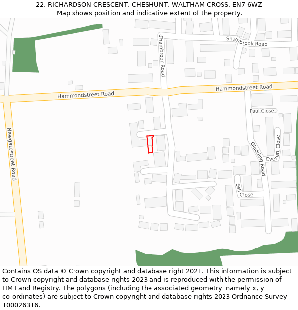 22, RICHARDSON CRESCENT, CHESHUNT, WALTHAM CROSS, EN7 6WZ: Location map and indicative extent of plot