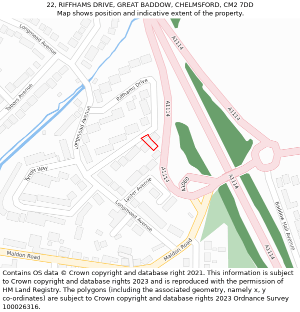 22, RIFFHAMS DRIVE, GREAT BADDOW, CHELMSFORD, CM2 7DD: Location map and indicative extent of plot