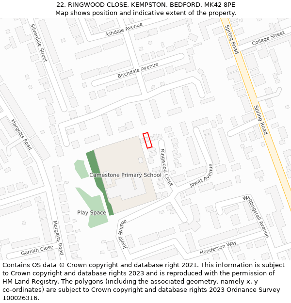 22, RINGWOOD CLOSE, KEMPSTON, BEDFORD, MK42 8PE: Location map and indicative extent of plot