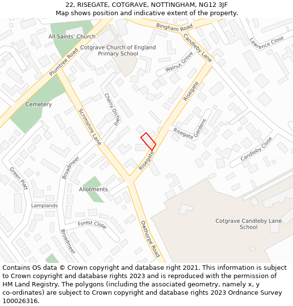 22, RISEGATE, COTGRAVE, NOTTINGHAM, NG12 3JF: Location map and indicative extent of plot