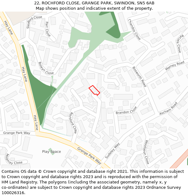 22, ROCHFORD CLOSE, GRANGE PARK, SWINDON, SN5 6AB: Location map and indicative extent of plot