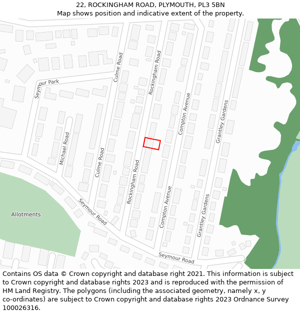 22, ROCKINGHAM ROAD, PLYMOUTH, PL3 5BN: Location map and indicative extent of plot
