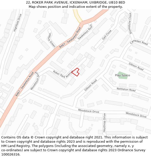 22, ROKER PARK AVENUE, ICKENHAM, UXBRIDGE, UB10 8ED: Location map and indicative extent of plot
