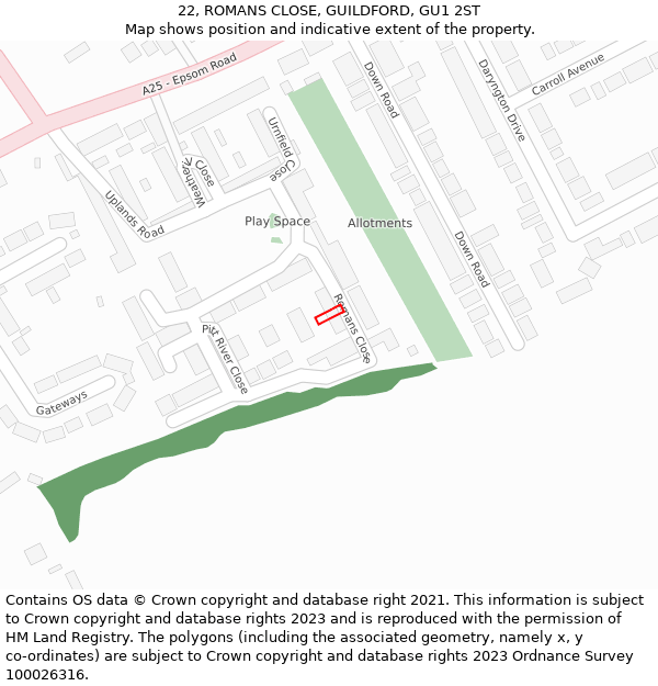 22, ROMANS CLOSE, GUILDFORD, GU1 2ST: Location map and indicative extent of plot