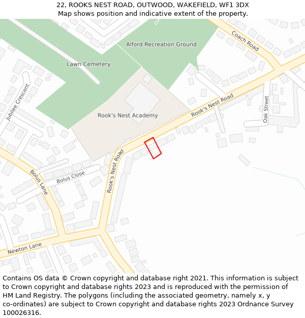 22, ROOKS NEST ROAD, OUTWOOD, WAKEFIELD, WF1 3DX: Location map and indicative extent of plot