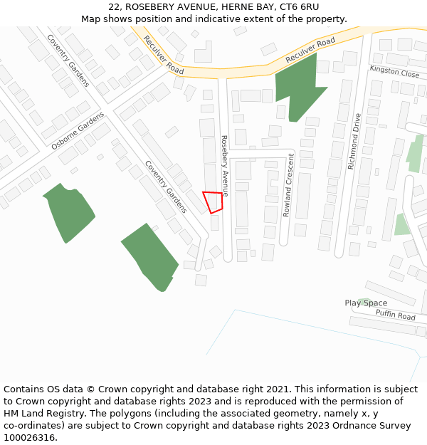 22, ROSEBERY AVENUE, HERNE BAY, CT6 6RU: Location map and indicative extent of plot