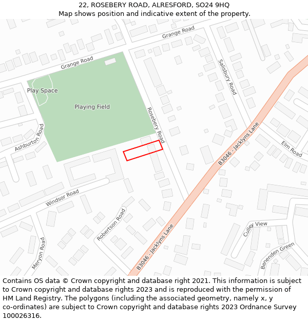 22, ROSEBERY ROAD, ALRESFORD, SO24 9HQ: Location map and indicative extent of plot